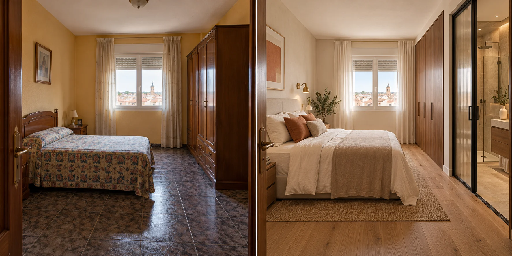 Recreación con IA del antes y después de un interior hipotético en Ciempozuelos; no corresponde a una obra real documentada.