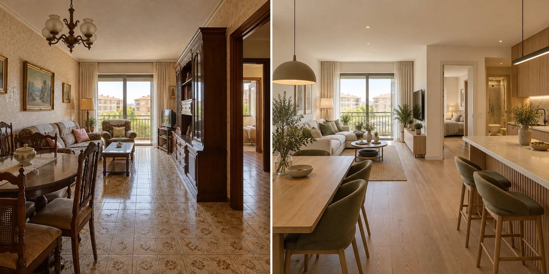 Recreación con IA del antes y después de un interior hipotético en Valdemoro; no corresponde a una obra real documentada.
